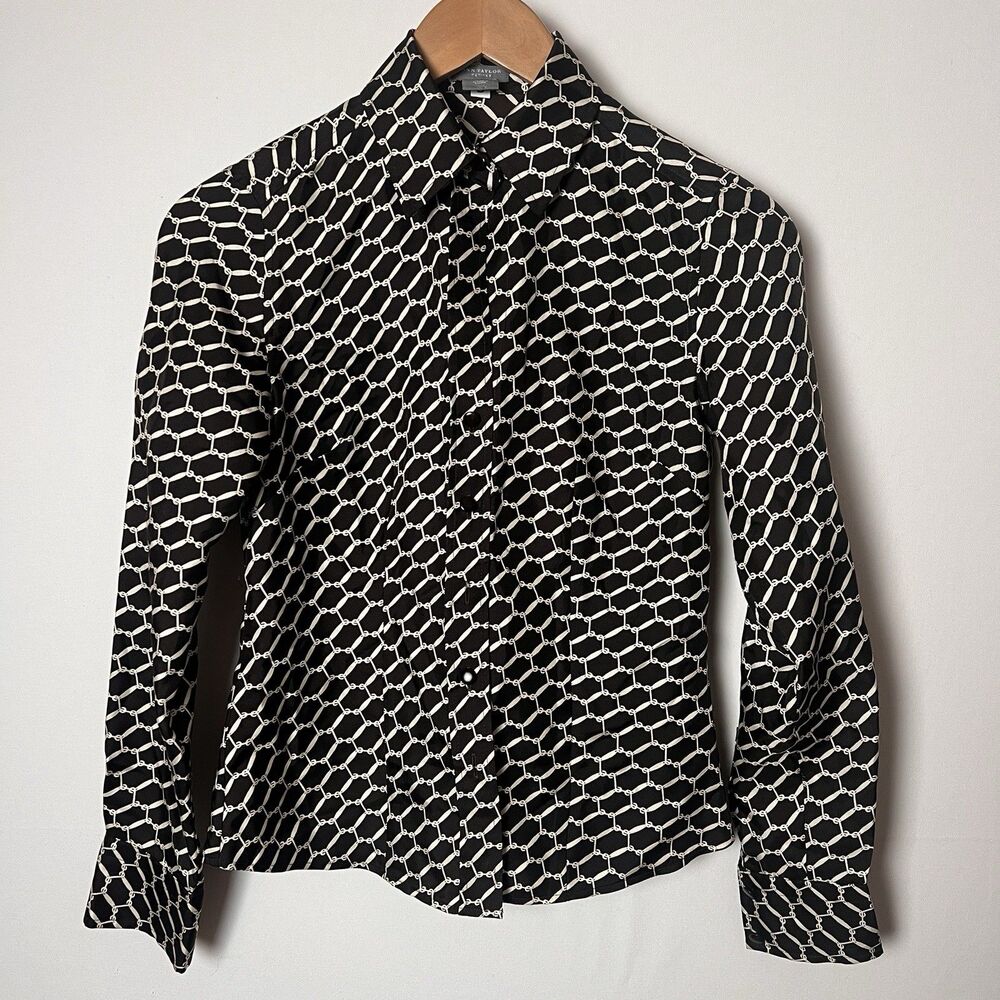 Ann Taylor Women's Silk Brown Equetrian Chain Print Blouse Petite 00P